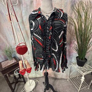 VTG 📌Jennifer L Loyd Lace Up Bell Sleeves Blouse Black &  White & Red Patter